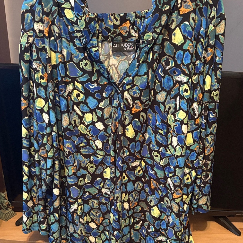 Attitudes by Renee Blue and Yellow Abstract Blouse